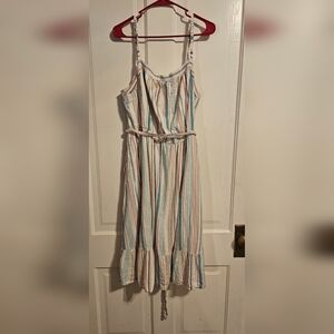 Striped Summer Midi Dress in Cream with Coral & Teal Stripes